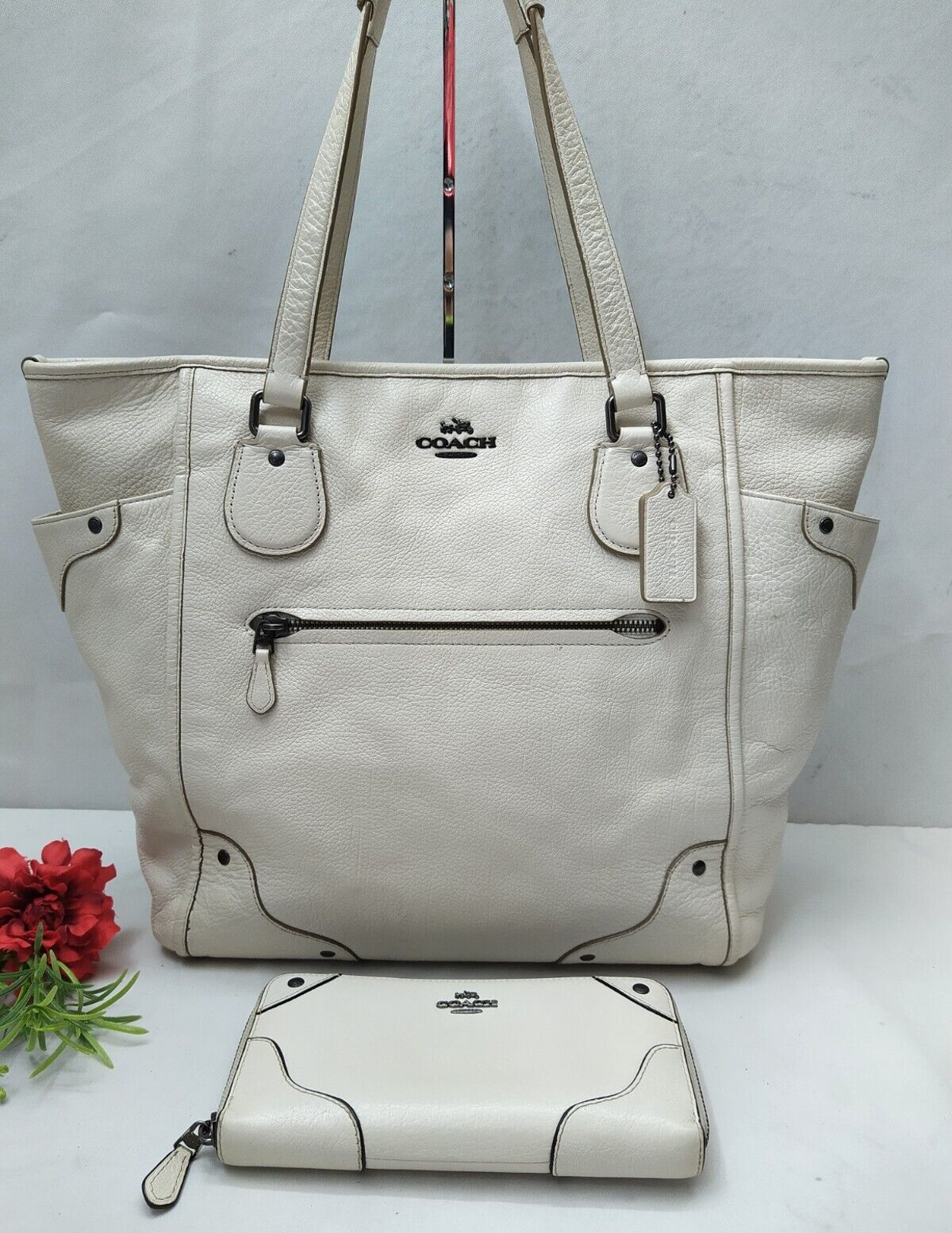Coach Mickie Off-White Pebbled Leather Double Handle Zipper Tote Bag With Wallet